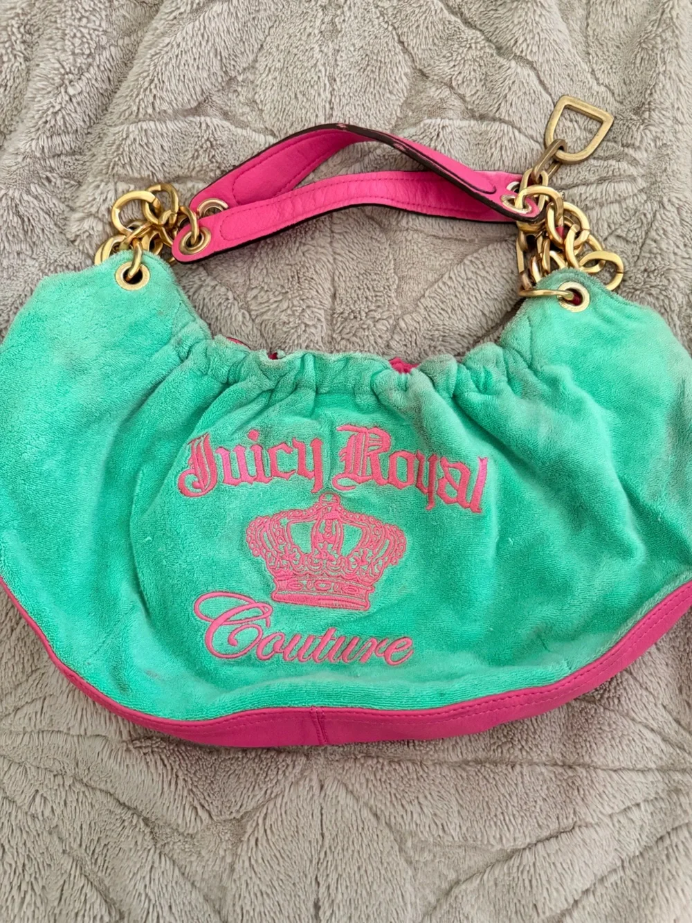 Vintage Juicy Couture 2007 Juicy Royal Velour Hobo Bag Green Pink Crown Y2K